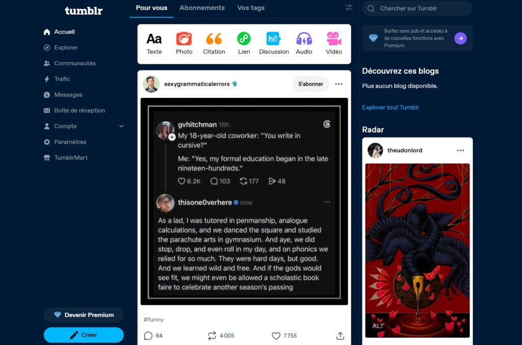 Mais au fait, c’est quoi Tumblr… et à quoi ça sert aujourd’hui ? 1 tumblr interface | Mais au fait, c’est quoi Tumblr… et à quoi ça sert aujourd’hui ?