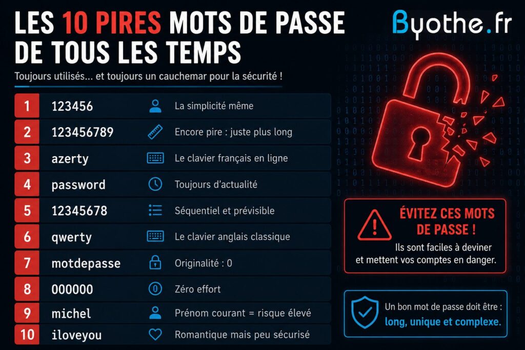 Comment tester la robustesse de ses mots de passe ?
Les pires mots de passe de tous les temps