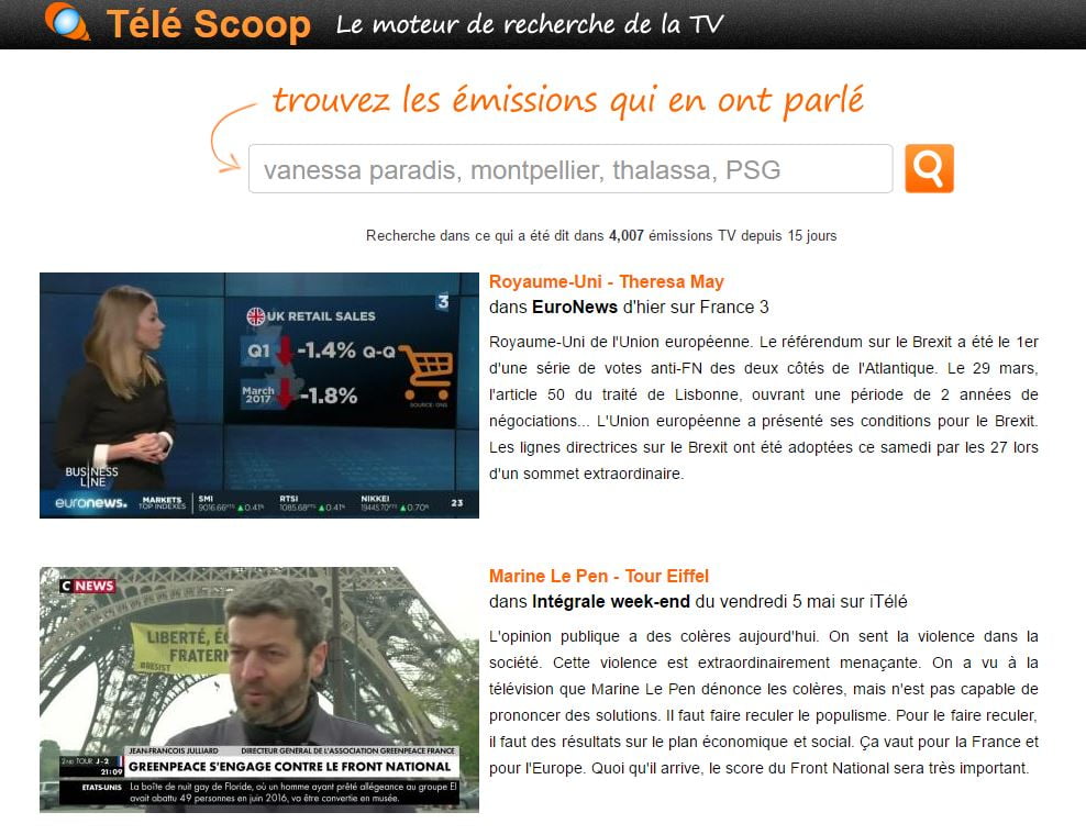 tele scoop interface | Télé Scoop : un moteur de recherche de mots clés dans les émissions de TV