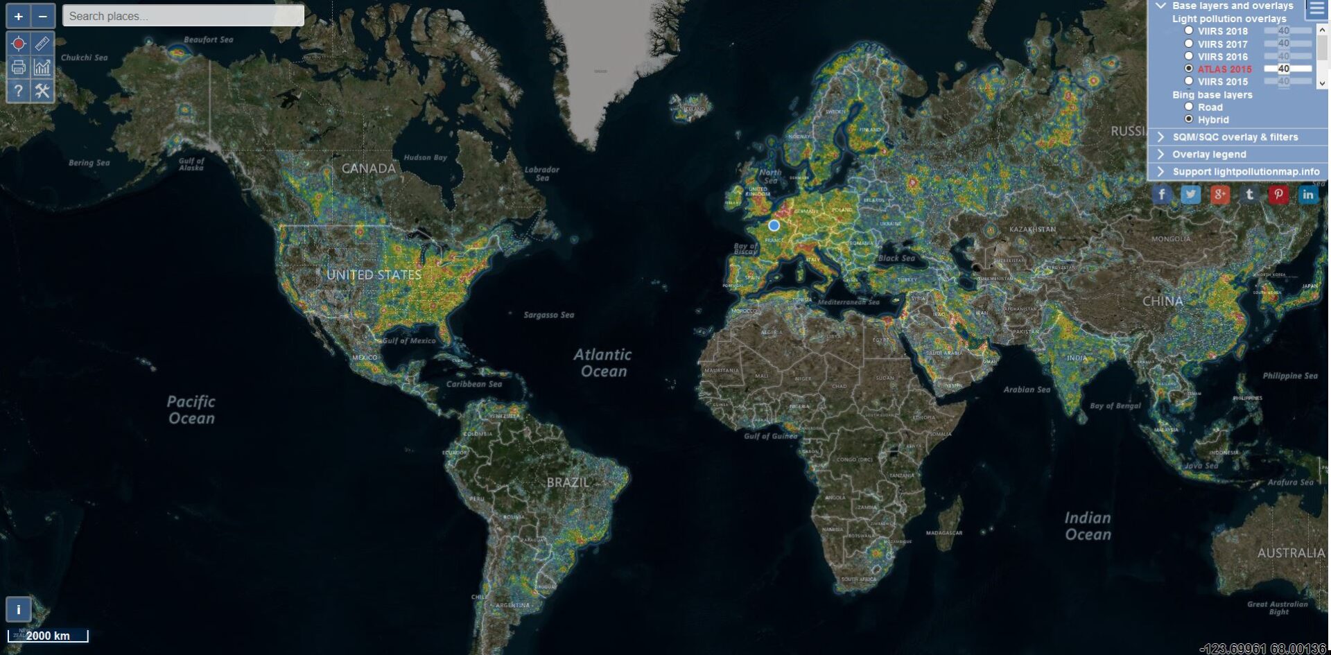Une carte interactive de la pollution lumineuse dans le monde