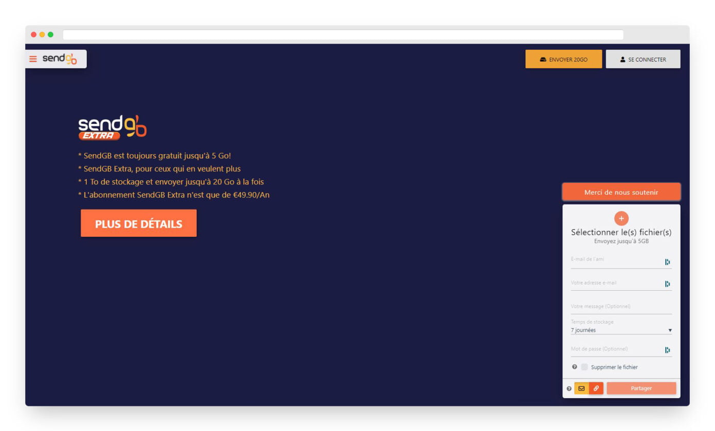 SendGB Partage Gratuit De Gros Fichiers Jusqu'à 5Go