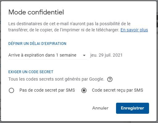 mode confidentiel gmail options