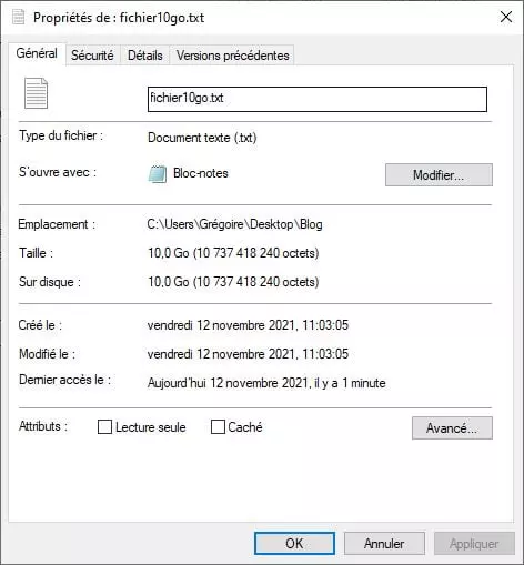 Créer un fichier vide d'une taille spécifique sous Windows ? 3 creation fichier taille sur mesure invite commande resultat