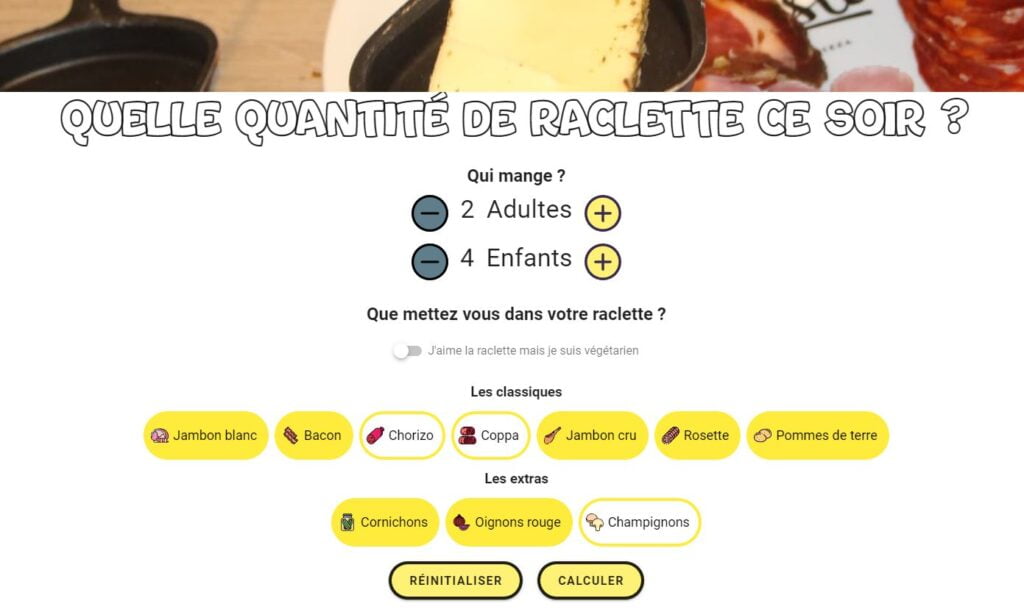 Raclette.world, calculateur de quantité pour la raclette - parametres