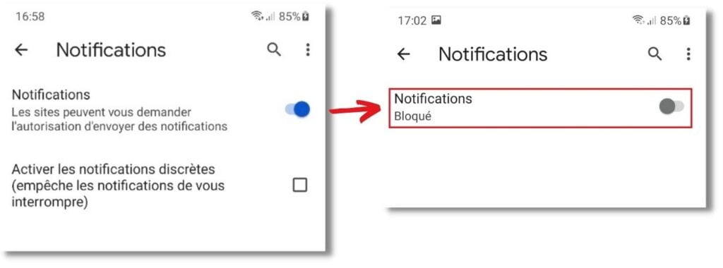 desactiver notifications navigateur chrome mobile