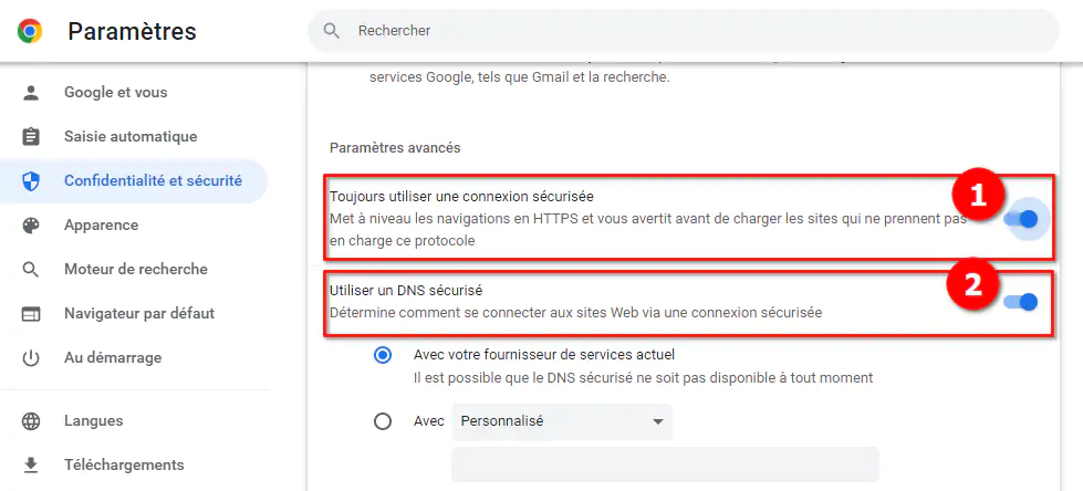 7 paramètres de Chrome à modifier immédiatement - Parametres chrome - DNS et connexions sécurisés