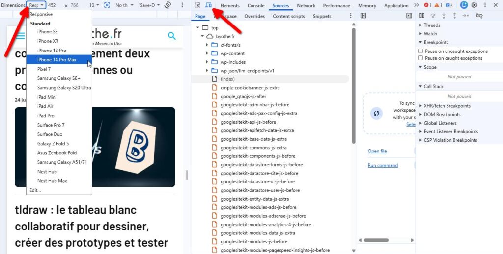 Tester un site web sur différents appareils ou résolutions d'écran - Chrome DevTools