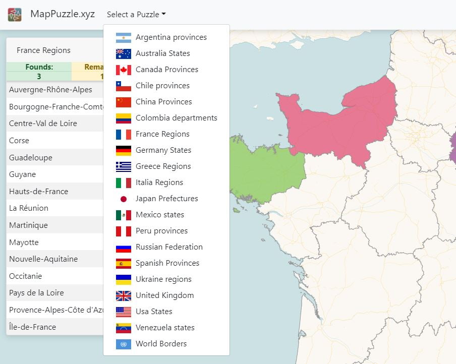 MapPuzzle jeu geographie région France
