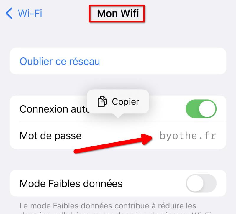 Le mot de passe du WiFi est alors visible en clair - Afficher les mots de passe WiFi enregistrés sur un iPhone