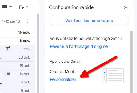 Masquer la barre latérale Google Meet et Google Chat dans Gmail