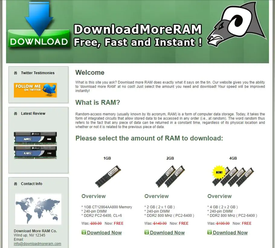 DownloadMoreRAM.com dans sa version de 2009