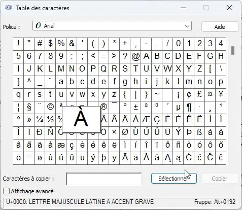 A majuscule avec accent grave - Table des caractères Windows