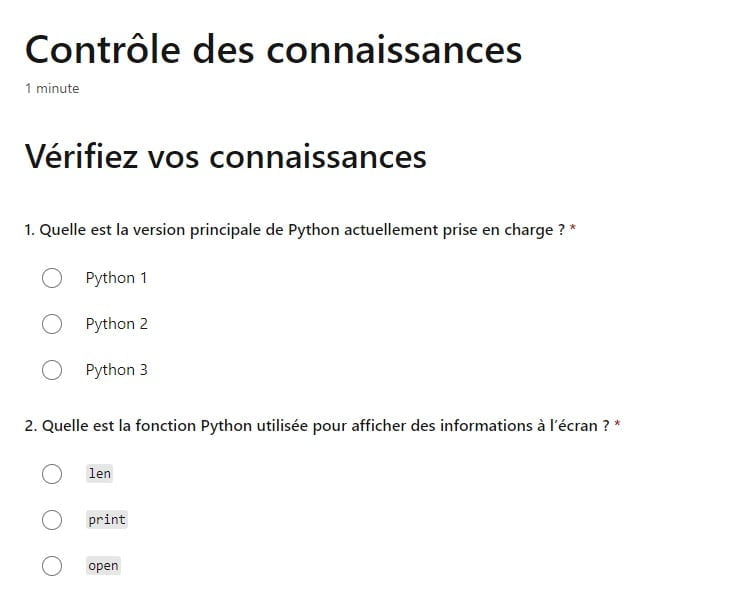 Cours Python gratuit de Microsoft - Quiz
