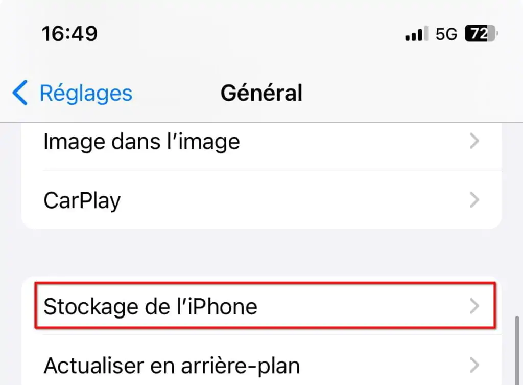 Libérer de l'espace sur mail sur iPhone - accéder au stockage de l'iPhone