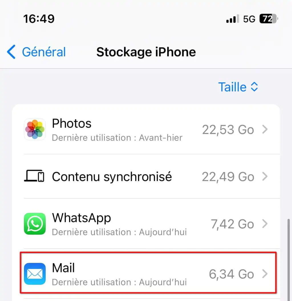 Libérer de l'espace sur mail sur iPhone - accéder au stockage de l'iPhone
