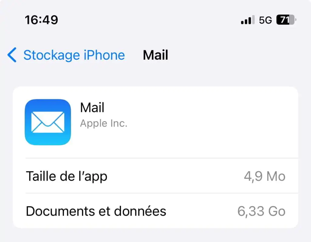 Libérer de l'espace sur mail sur iPhone - Taille occupée par Mail