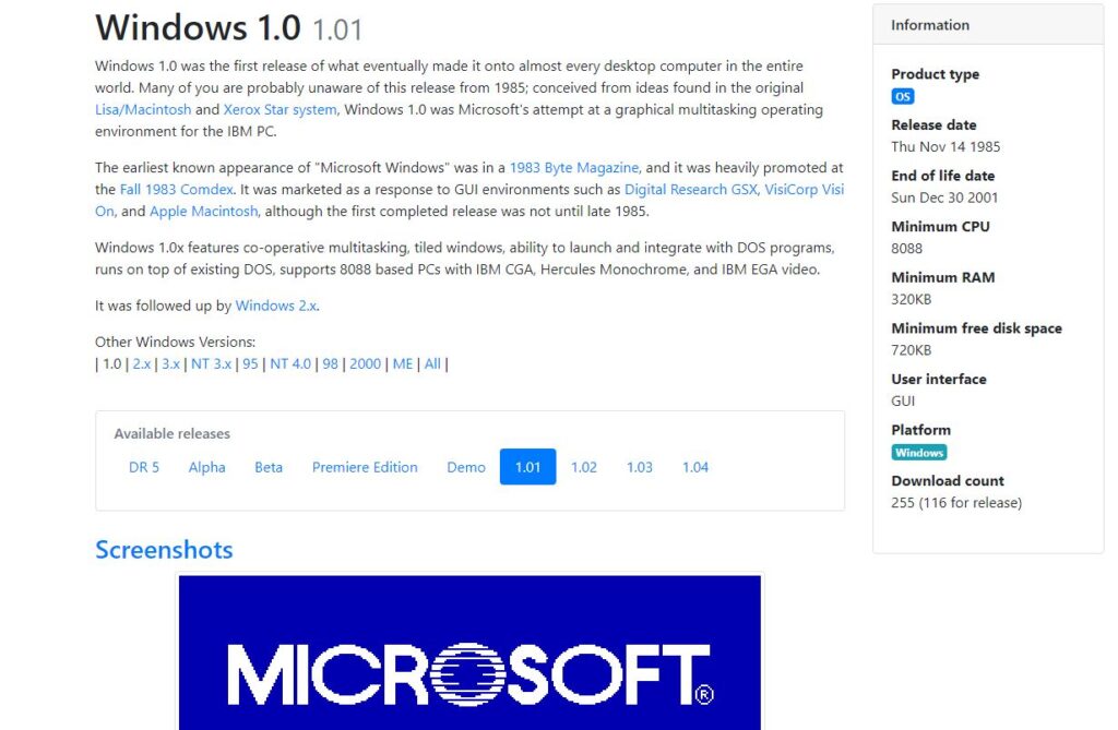 La page dédiée à Windows 1.0 sur WinWorld