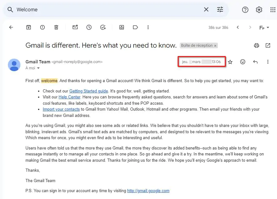 Date de création de votre compte Gmail - Date creation compte Gmail - Mail d'accueil Google