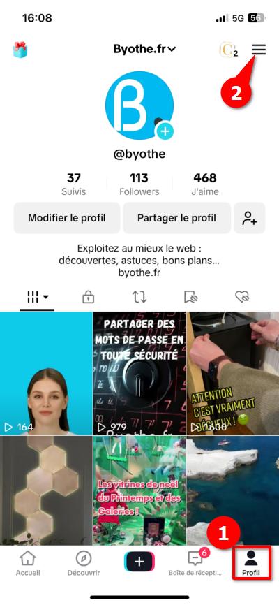 Réinitialiser l'algorithme de TikTok - Accéder au menu principal dans votre profil TikTok