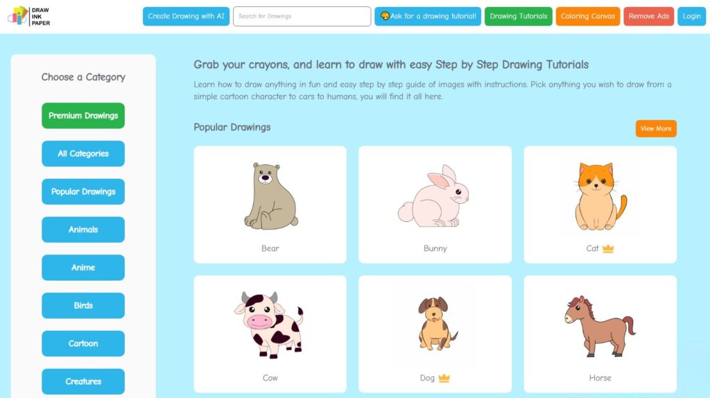 drawinkpaper categories | DrawInkPaper, un site gratuit pour apprendre à dessiner étape par étape