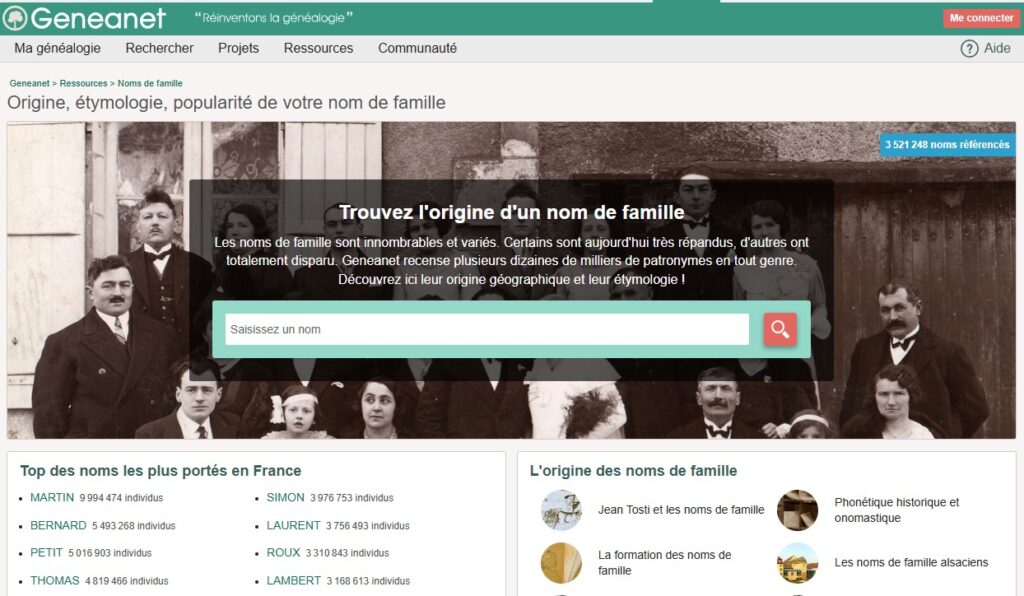 Le moteur de recherche de l'origine d'un nom de famille sur Geneanet