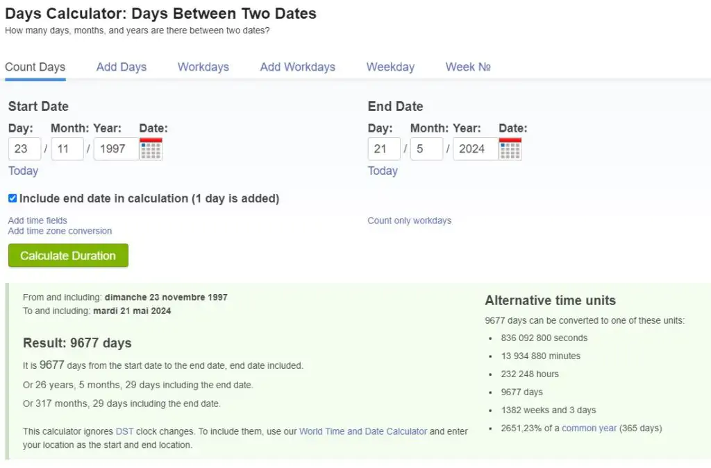 Calculer le nombre de jours entre deux dates avec le site Time and Date