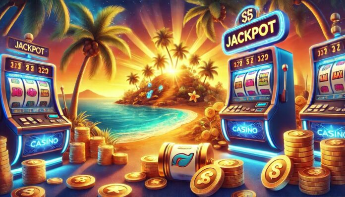 a slot machine on a beach with palm trees and a sunset Île de Casino en ligne : l’expérience ultime pour les joueurs français !