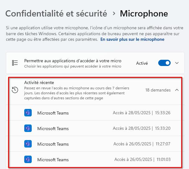 Comment voir quelles applications utilisent votre caméra ou votre micro sur Windows 11 4 windows11 micro camera activite recente | Comment voir quelles applications utilisent votre caméra ou votre micro sur Windows 11