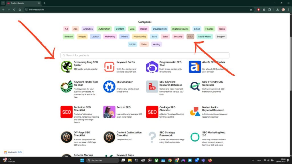 Best Free Tools : le site qui centralise les meilleurs outils gratuits du web 2 Best-free-tools.io-catégories-SEO