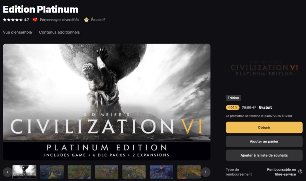 Récupérer gratuitement Civilization IV Edition Platinum sur l'Epic Game Store