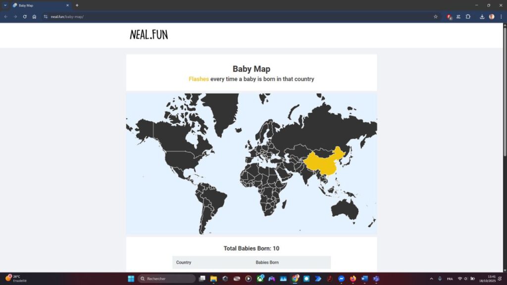 Baby Map de Neal.fun : quand Internet vous montre où les bébés naissent en temps réel 1 Baby-Map-par-neal.fun-accueil