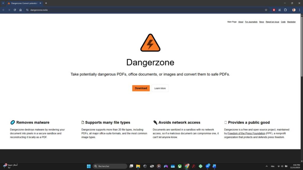 Dangerzone : le site qui transforme vos fichiers risqués en PDF sûrs 1 Dangerzone-site