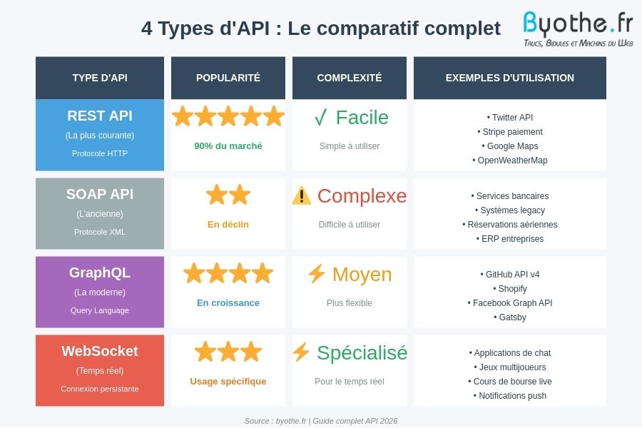 Tableau comparatif des 4 principaux types d'API : REST, SOAP, GraphQL et WebSocket