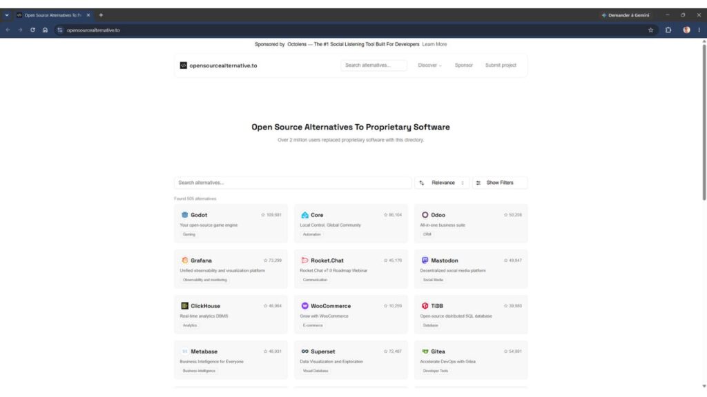 OpenSourceAlternative.to : trouver facilement des alternatives open source aux logiciels payants 1 OpenSourceAlternative.to-accueil
