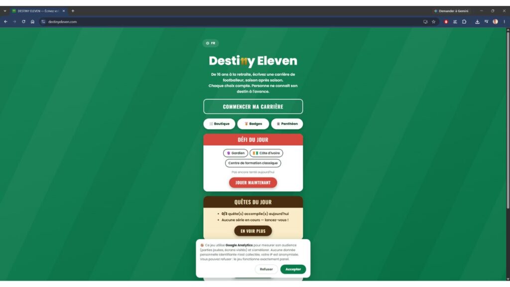 On a testé Destiny Eleven : un jeu simple, addictif et imprévisible ? 1 Destiny Eleven Accueil
