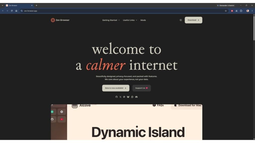 Zen Browser : l’alternative à Chrome qui mise sur la vie privée et les onglets 1 Zen Browser accueil