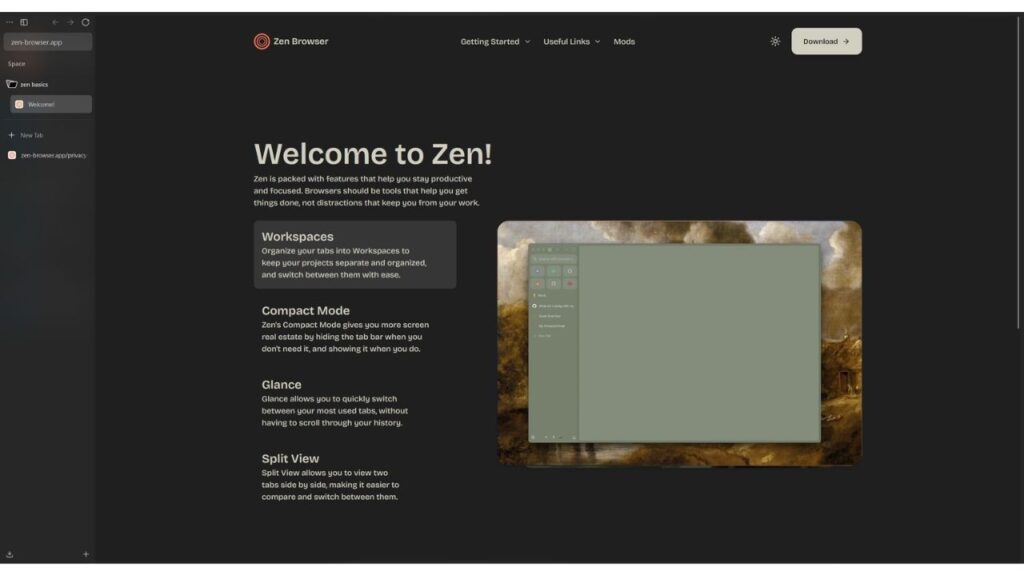 Zen Browser : l’alternative à Chrome qui mise sur la vie privée et les onglets 2 Zen Browser accueil navigateur