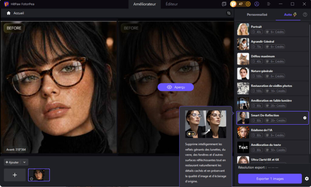 HitPaw FotorPea v5.6.0 : Les nouvelles fonctionnalités d'IA en pratique 7 suppression des reflets par IA
