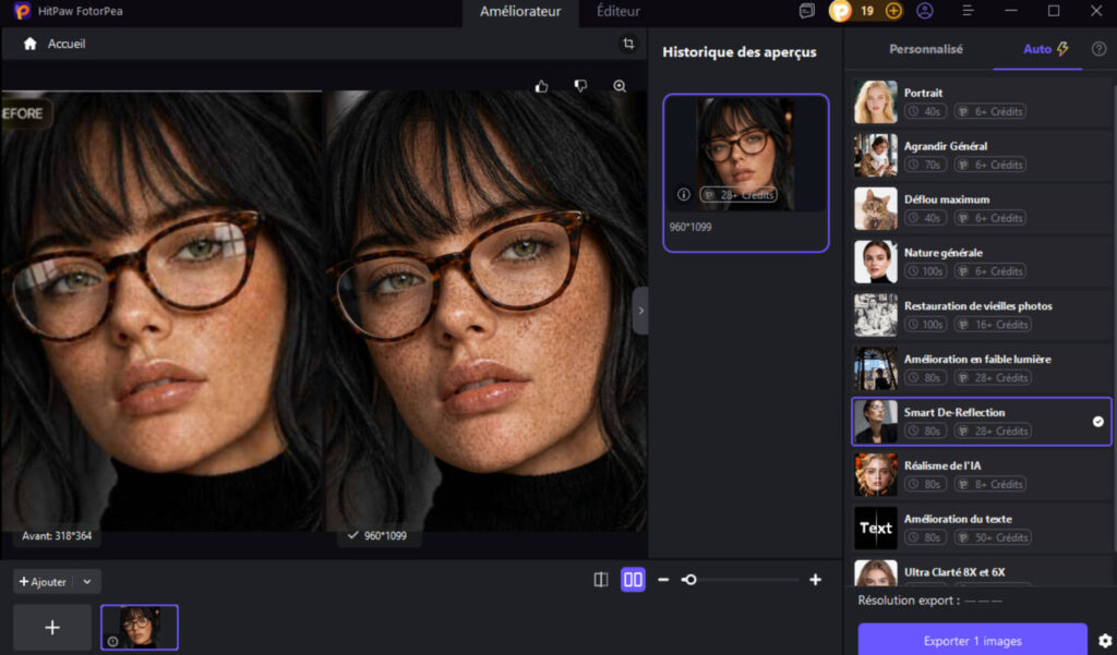 HitPaw FotorPea v5.6.0 : Les nouvelles fonctionnalités d'IA en pratique 8 suppression des reflets par IA