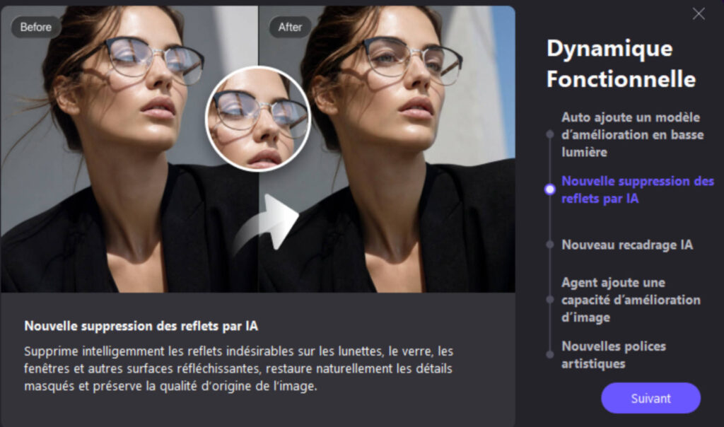 HitPaw FotorPea v5.6.0 : Les nouvelles fonctionnalités d'IA en pratique 2 Supprimer les reflets pour retrouver des photos nettes et sans distractions